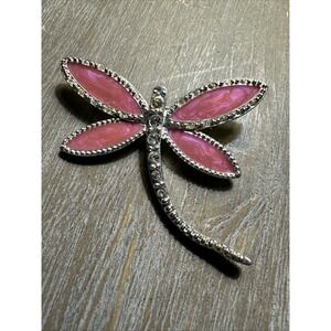 Avon Dragonfly Brooch Pink Enamel Pin Silver Tone Rhinestones Nina Ricci Stamped